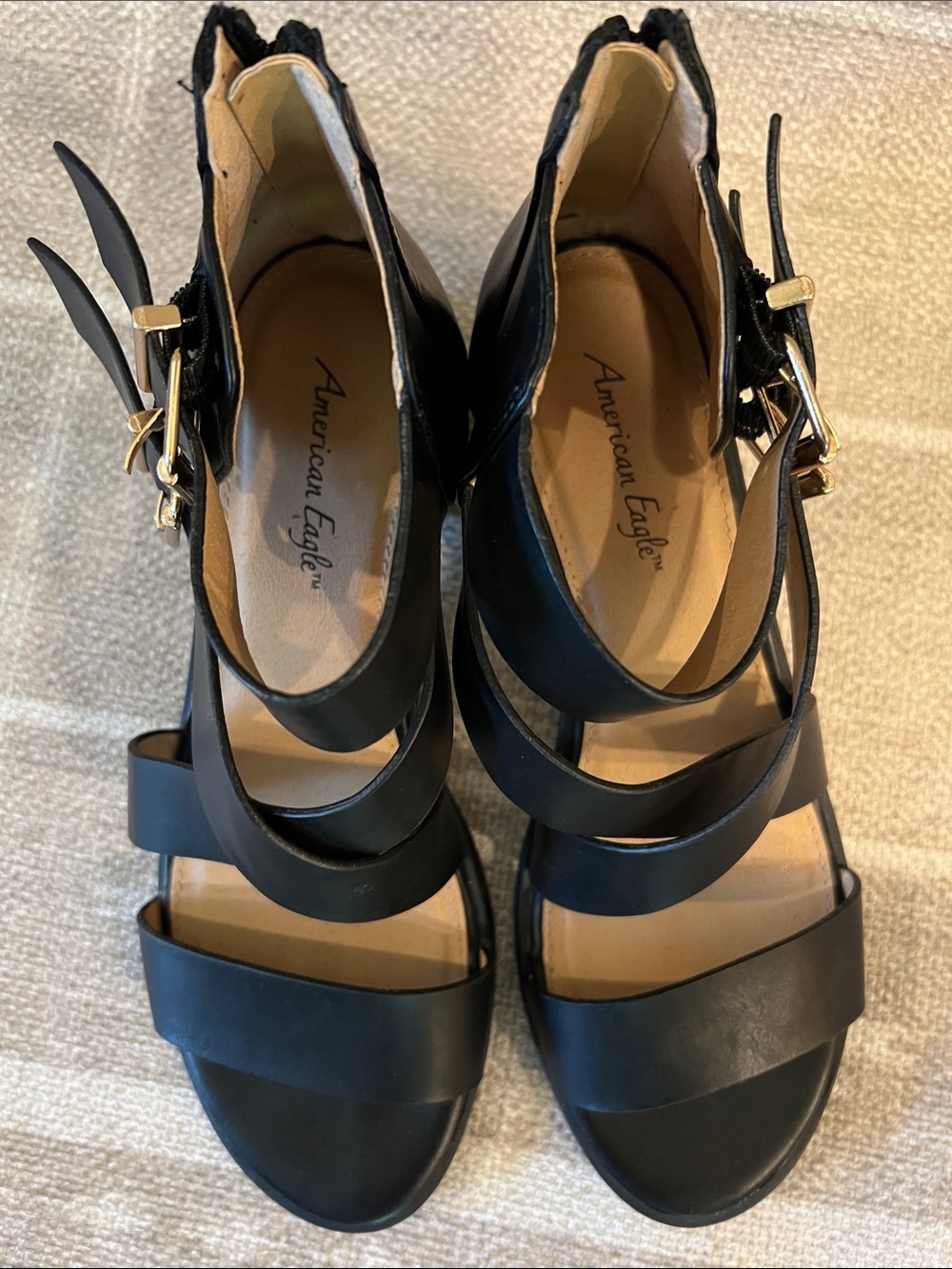 American Eagle by Payless Black Strappy Buckle Heeled Sandals - Picture 2 of 5